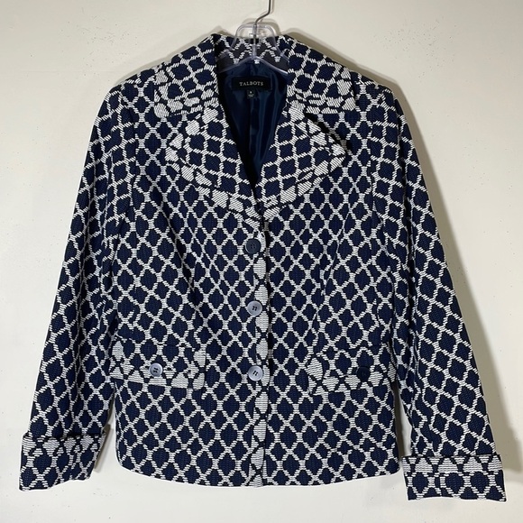 NWT. Talbots 8 Navy White Tweed Three-Button Blazer. - Picture 1 of 11